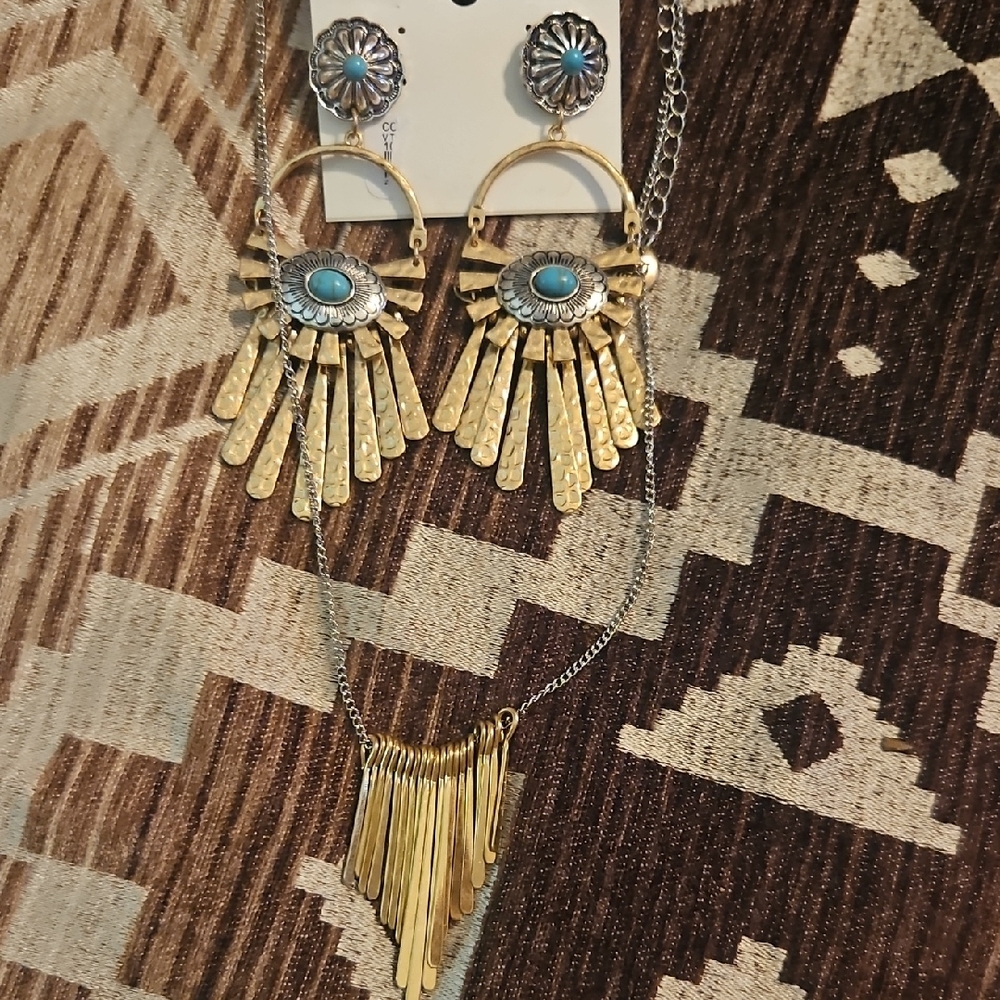 Gold and Silver Statement Earrings and Necklace Set